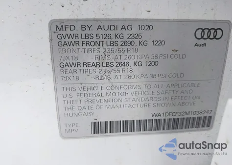 2021 Audi Q3 Premium 45 Tfsi S Line Quattro Tiptronic из США, поврежденный, VIN WA1DECF32M1038247